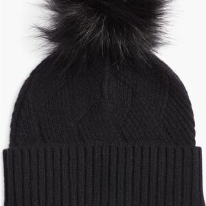 Nordstrom Faux Fur Cashmere Pompom Beanie, Black, 100% Cashmere NWT